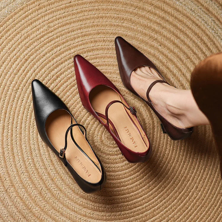 NEW Spring/Autumn Women Pumps Genuine Leather Shoes for Women Pointed Toe Thin Heel Shoes Shallow Buckle Strap Mary Janes Shoes Pi-Mart