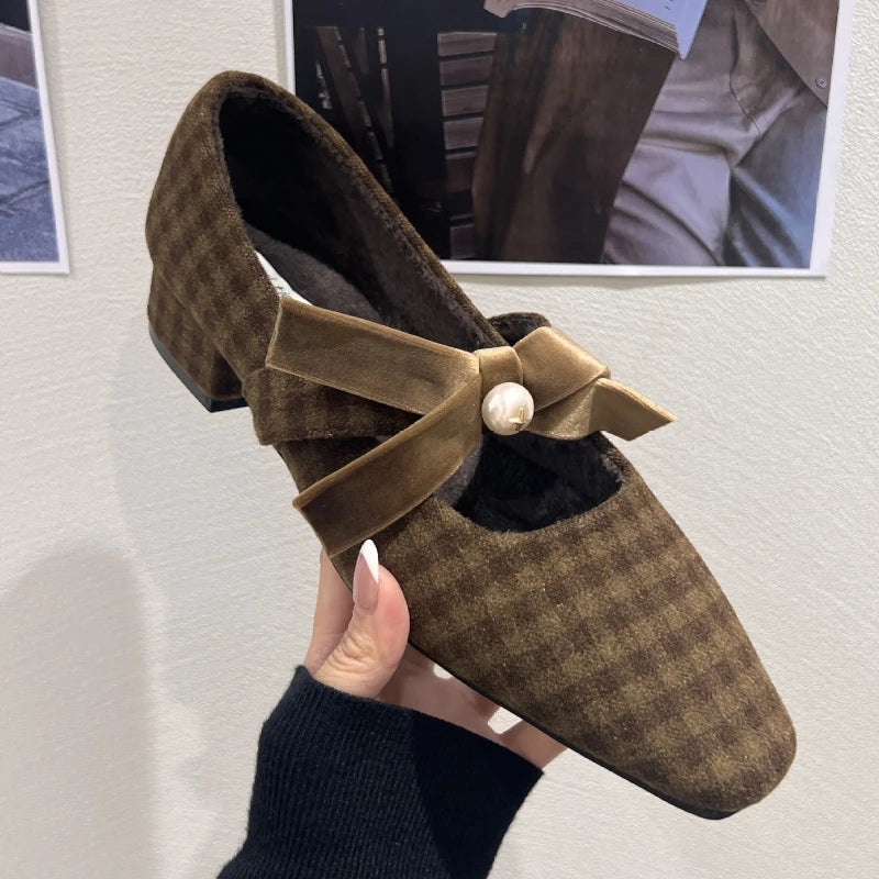 Elegant Chunky Heel Mary Jane Shoe for Women Bowknot Pearls Decoration Plaid Print Design Autumn Pumps Fashion Party Dress Heels LadyShow.Store