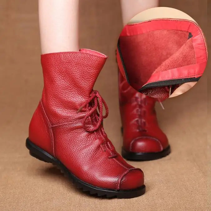 Genuine Leather Plush women's short Boots Retro Casual Autumn Winter Women Boots Waterproof warm Snow boots Plus Size 42 Pi-Mart