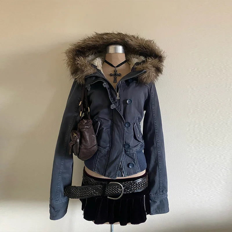 2026 Spring Retro Faux Fur Coats Women 2000s American Vintage Jackets Harajuku Gotihc Punk Clothing Jean Parkas Female Outwear LadyShow.Store