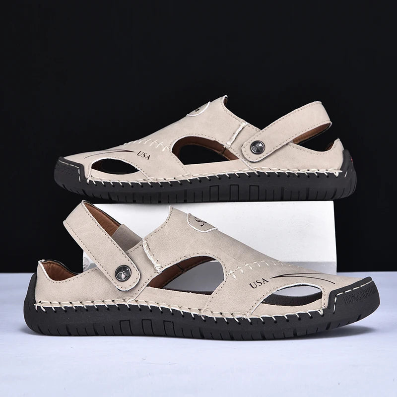 New Handmade Summer Sandals Men Breathable Leather Shoes Man Outdoor Men Sandals Antiskid Beach Sandals Hollow Shoes Fashion Pi-Mart