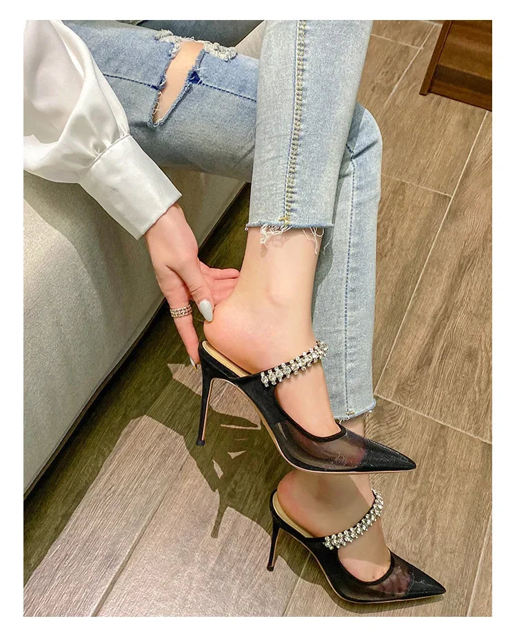 New Fashionable Thin Heel Pointed Water Diamond Mesh Hollow Sandals with Design Sense Half Dragged Muller Shoes ForOuterwear Pi-Mart