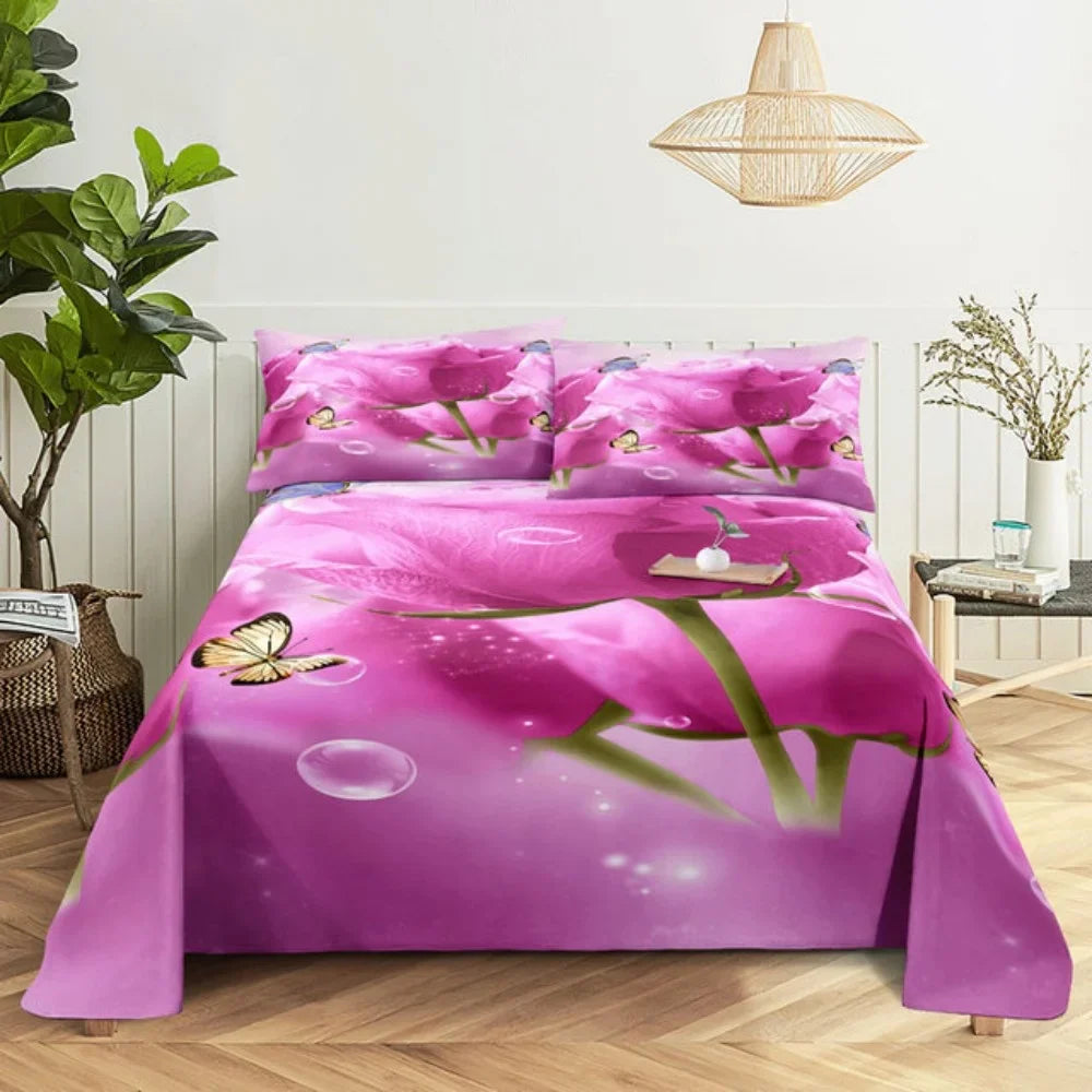 Pink Rose Bed Sheet Sets 3D Print Flowers Bed Flat Sheet for Women Girls King Queen Full Twin Size 2/3pcs Bed Linen Room Decor LadyShow.Store