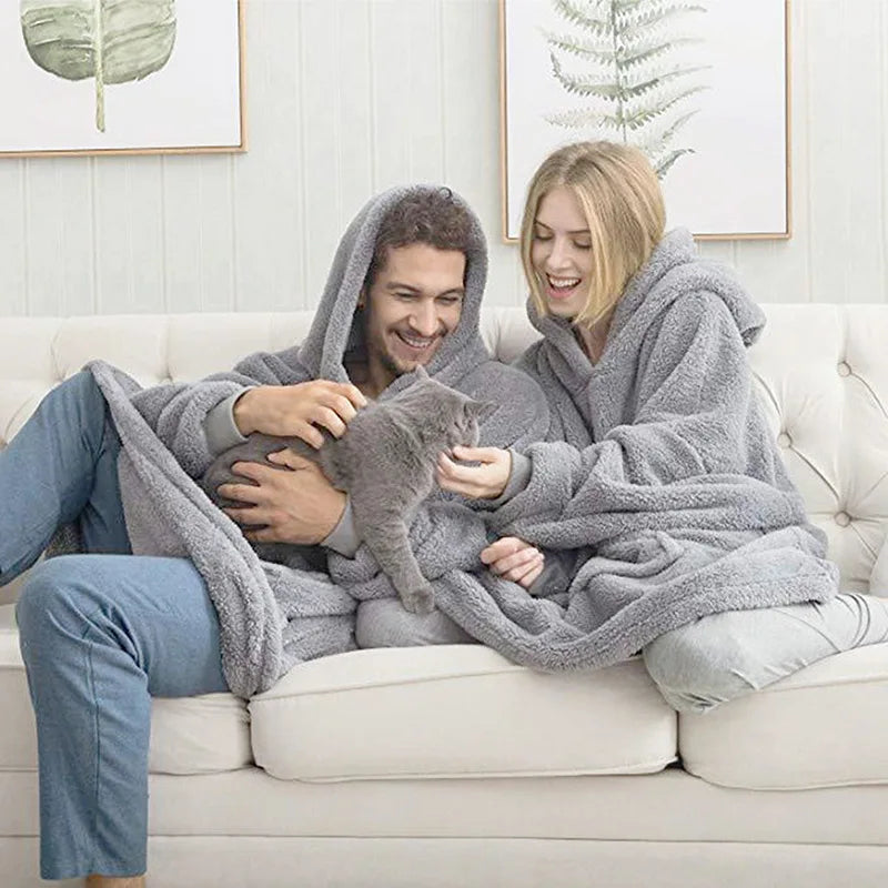 Winter Warm Unisex Double-faced Fleece Hooded Sweatshirts Casual Loose Long Thicken Pocket Pullover Batwing-sleeved Home Clothes LadyShow.Store