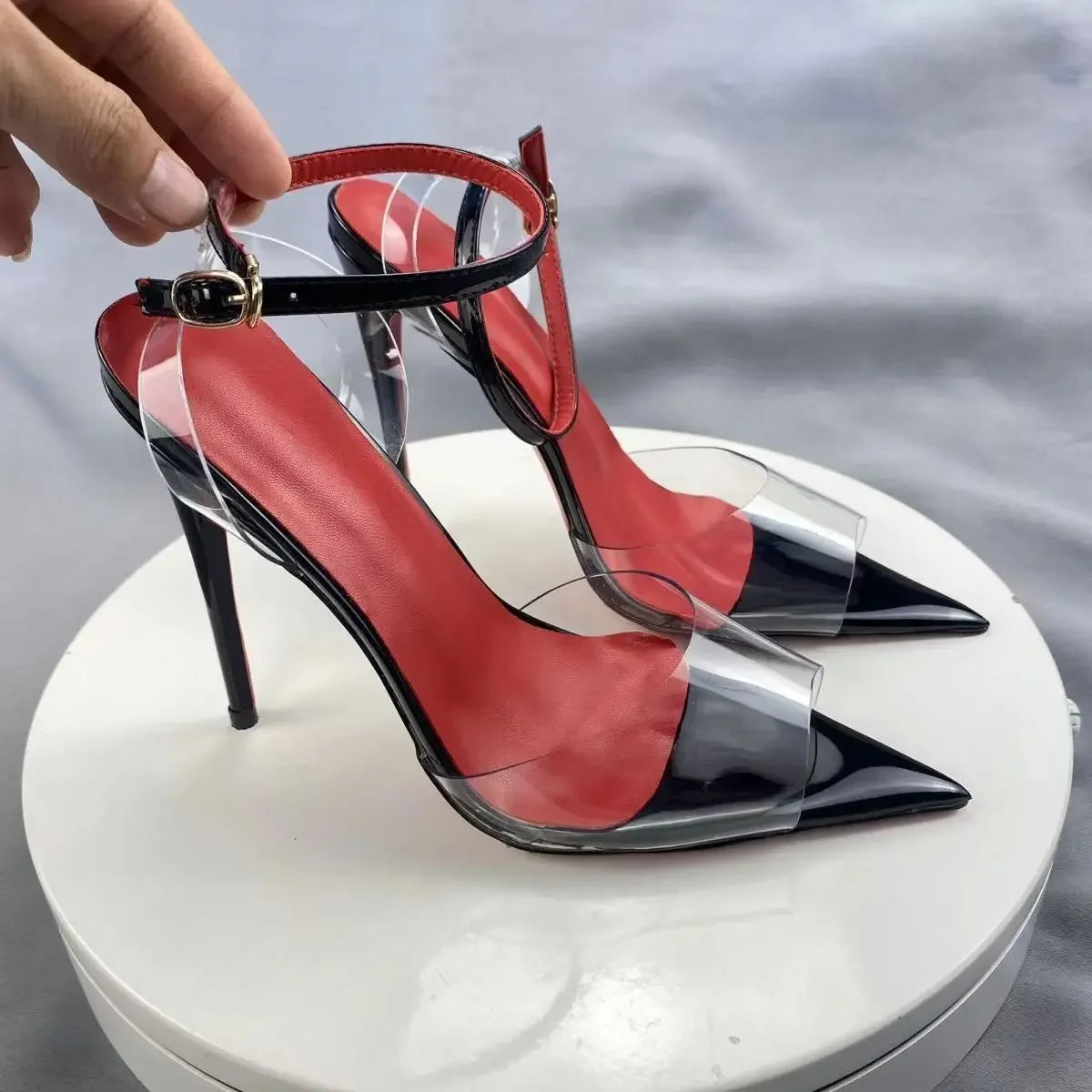 New European and American electric purple ultra soft transparent PVC sandals with straight stripes and slim heels, 12cm sexy Pi-Mart