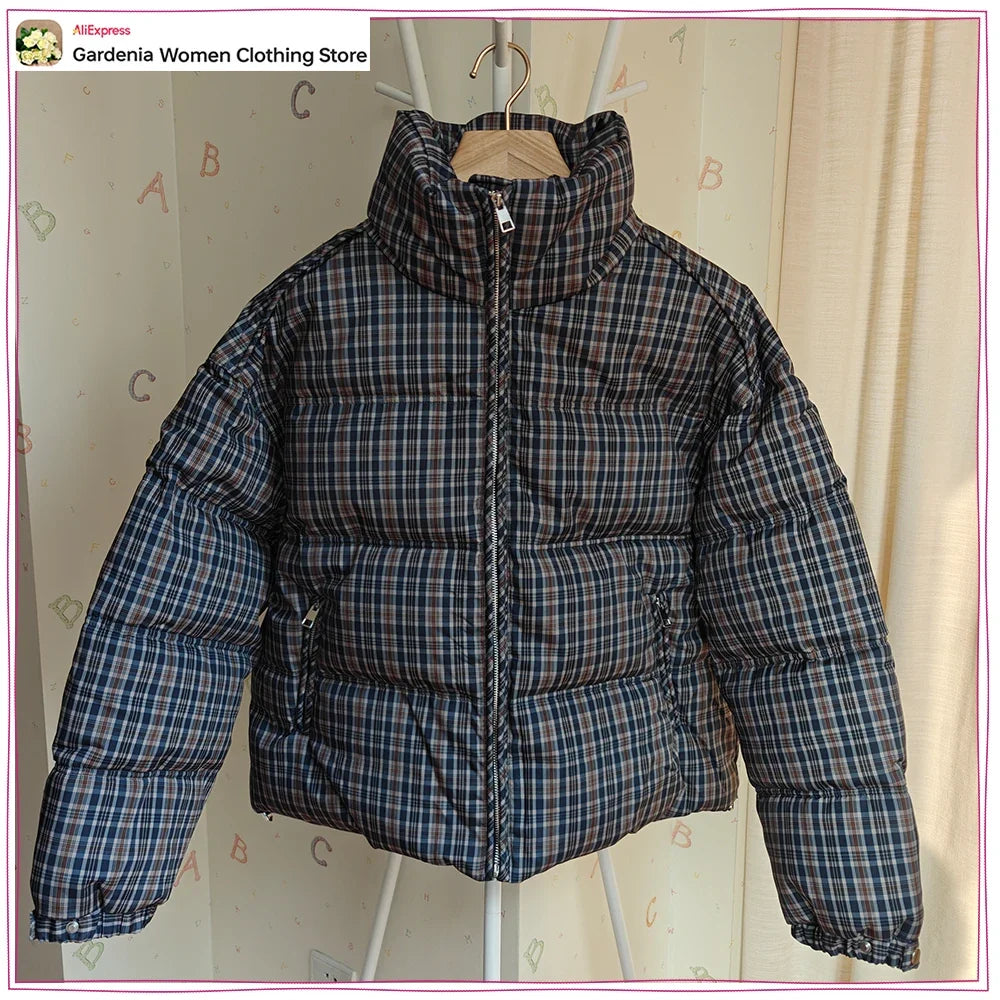 Stylish Plaid Puffer Anorak for Women Winter Brown Padded Jackets High Neck and Long Sleeves Zipper Outwears with Adjustable Hem LadyShow.Store