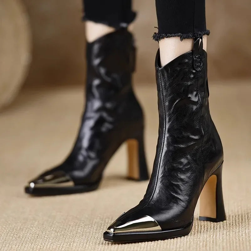 2024 New Metal Square Toe Ankle Boots for Women Fashion Patent Leather Women's Shoes Botas Mujer High Heels Shoes Women Zapatos Pi-Mart