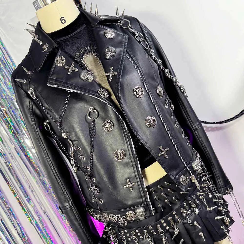 Women's Y2K Goth Black PU Leather Jacket Gothic Boho Emo Clothing with Skull Chain Punk Rock Grunge Rave Festival Coat for Teens Pi-Mart