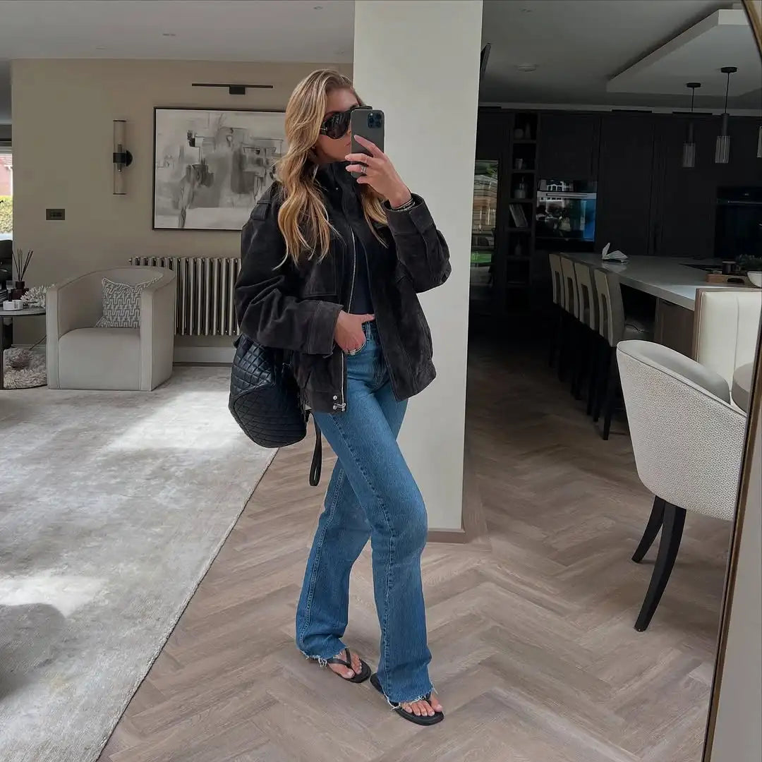 Brown Retro Suede Lapel Zippered Short Jackets Women's Casual Full Sleeves Pocket Loose Coats 2026 Spring Daily Commute Outwear LadyShow.Store