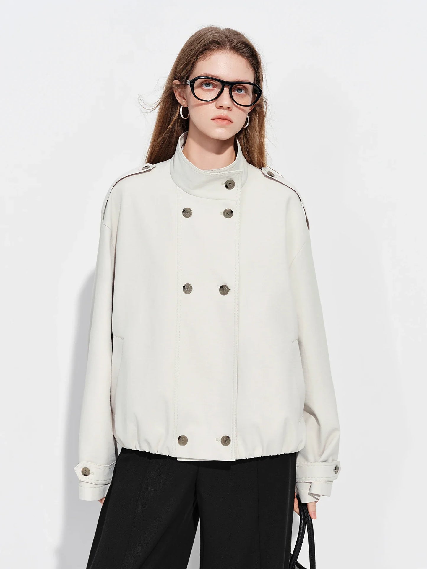FSLE【Premium Series】Women's Oversize Short Trench Coat Brown Faux Leather Belted Jacket Grey Windbreaker Y2K Retro Outerwear LadyShow.Store