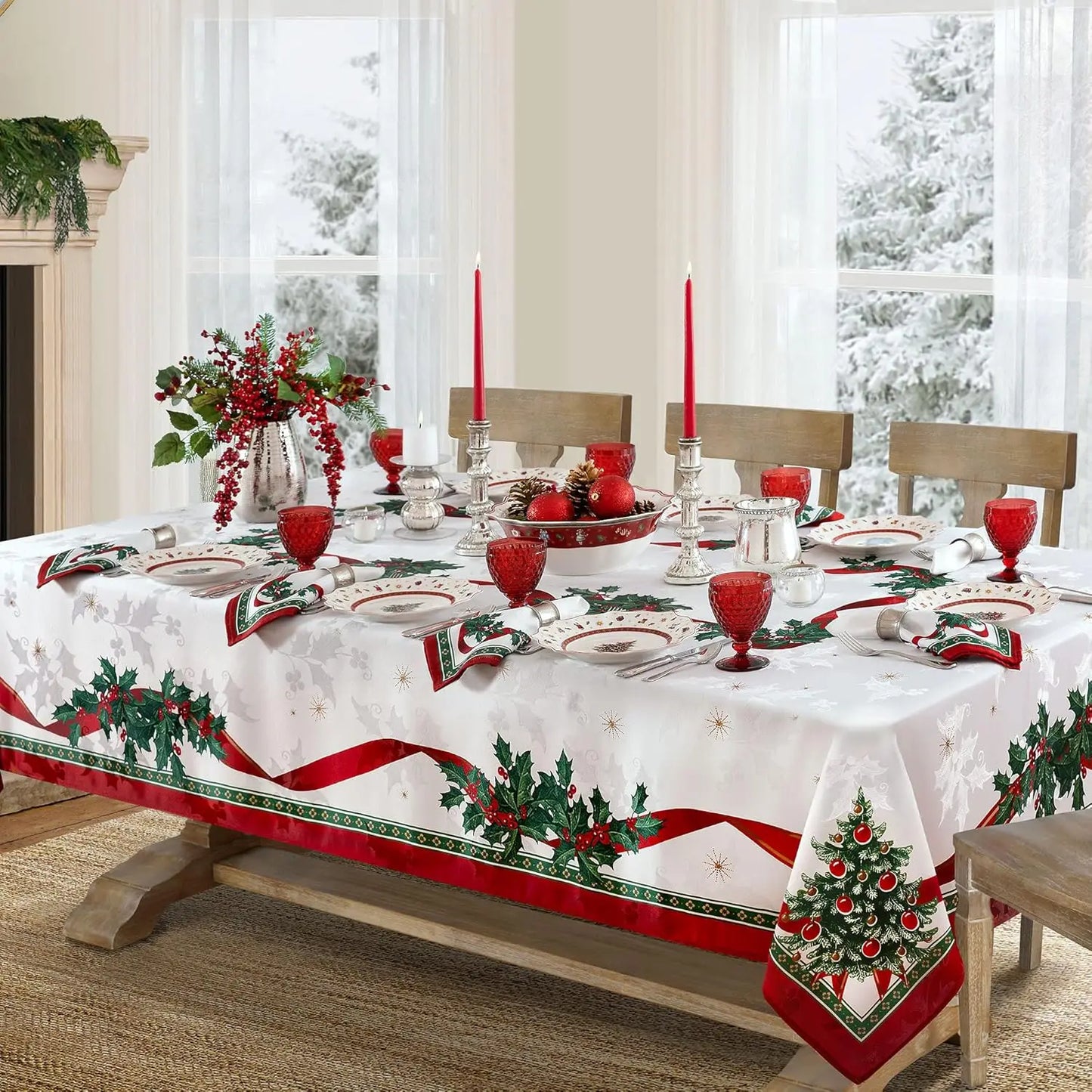 Christmas Rectangle Tablecloth, Poinsettia Design Tablecloth For New Year Party And Dinner Christmas Table Decor Tablecloth Pi-Mart