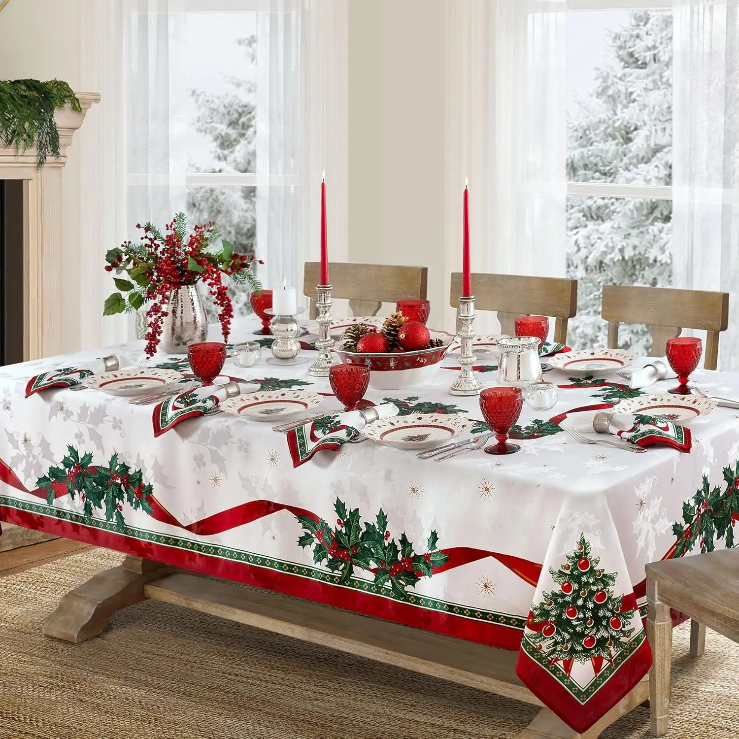 Christmas Rectangle Tablecloth, Poinsettia Design Tablecloth For New Year Party And Dinner Christmas Table Decor Tablecloth Pi-Mart