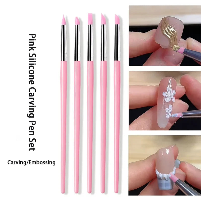 5Pcs/set Silicone Nail Brush UV Gel Polish Tip 3D Image DIY Dotting Polish Brushes Pen Professional DIY Manicure Tools Tri Light Beauty