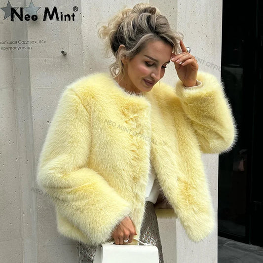 Neo Mint Cool Street Girls Winter Fashion Fluffy Fox Fur Jacket Women Casual Round Neck Faux Fur Coat Chic Thick Warm Outerwear LadyShow.Store