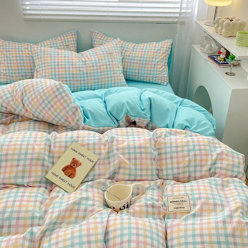 Plaid Style Bedding Set Skin-friendly Quilt Cover Pillowcase Bedsheet Home Bed Linen Sets Single/Full/Queen/King Size Bedclothes LadyShow.Store