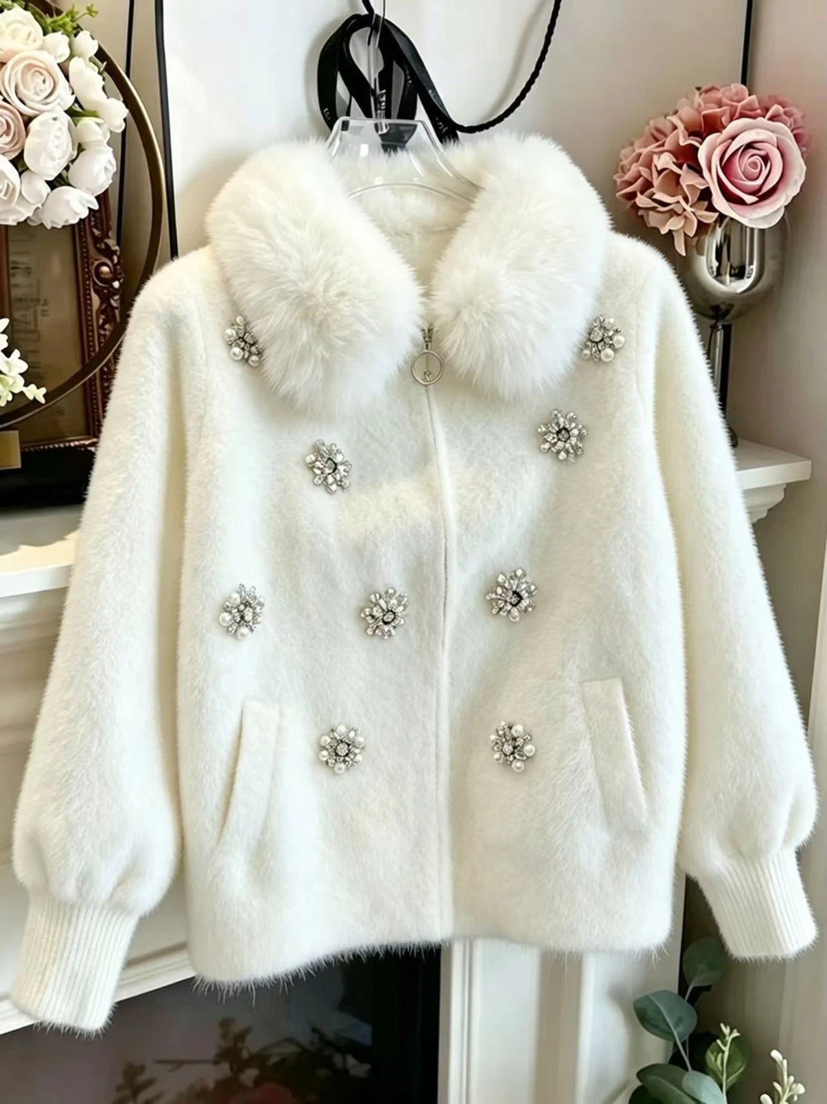 Luxury Diamonds Stitch Thick Winter Sweaters  Knitwear Coat Faux Fur Collar Knitted Cardigan Jacket Coat Women's Trend Sweater Pi-Mart