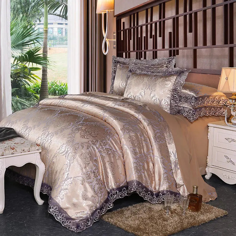 Luxury Jacquard Bedding Set Tencel Modal Duvet Cover 4PCS with Lace Satin Bed Sheet Pillowcases King and Queen Size Home Textile LadyShow.Store