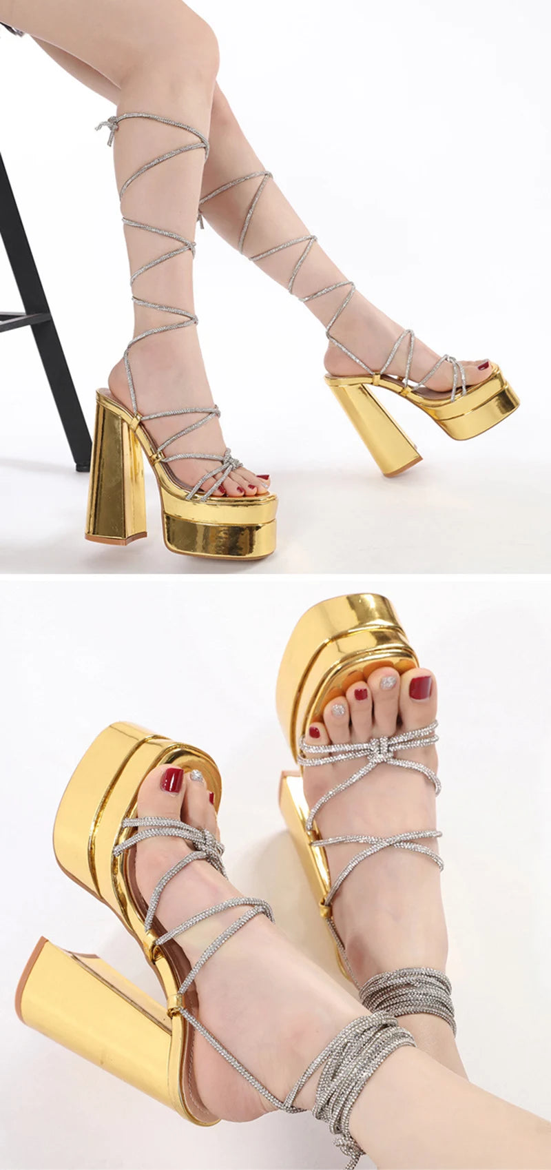 MM2025 New Arrival Rhinestone Embellished Knot T-Strap Heels Roman Peep-toe Summer Sandals Shiny Perfomance Anniversary Footwear Pi-Mart