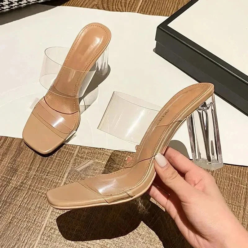 Summer Women Pumps Sandals 9cm Jelly Slippers Sexy Open Square Toe High Heels Women Transparent Slippers Shoe Heel Clear Sandals LadyShow.Store