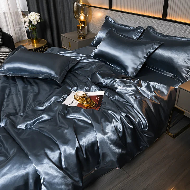 A/B Double-Sided Color Bedding Set Silky Satin Duvet Cover Bed Sheet Pillowcase Luxury Bedsheet King Queen Double Twin Size LadyShow.Store
