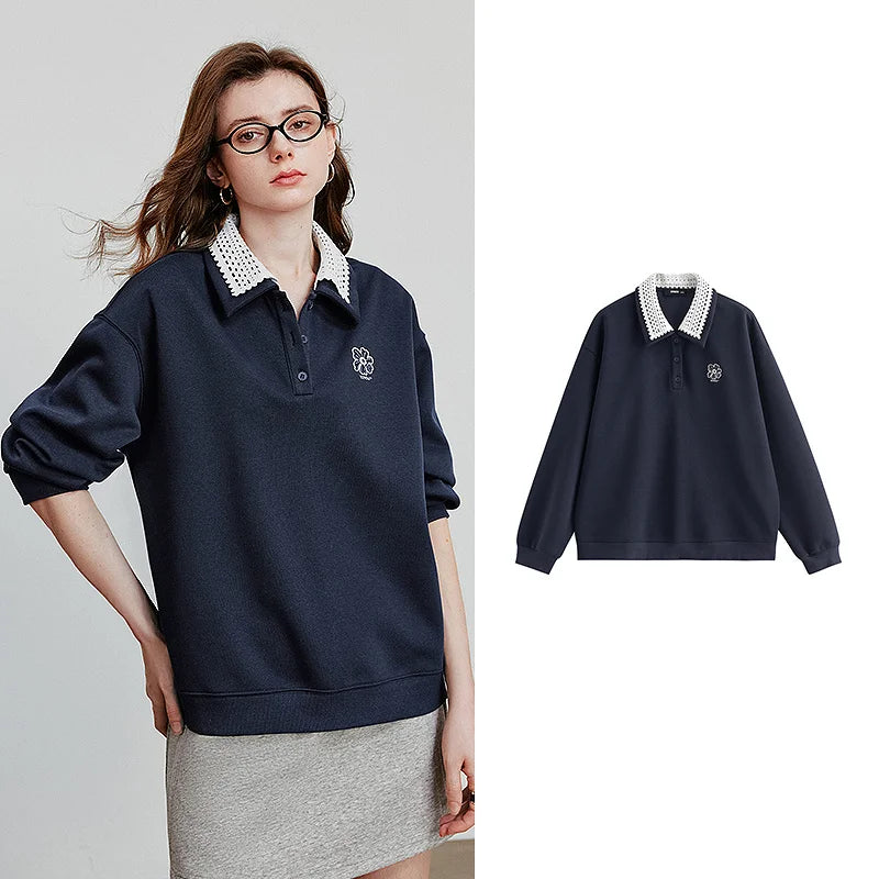 TOYOUTH Women Sweatshirt 2025 Autumn New Green Velvet Embroidery Contrasting Color Splicing Double Layer Collar Pullover Hoodies LadyShow.Store