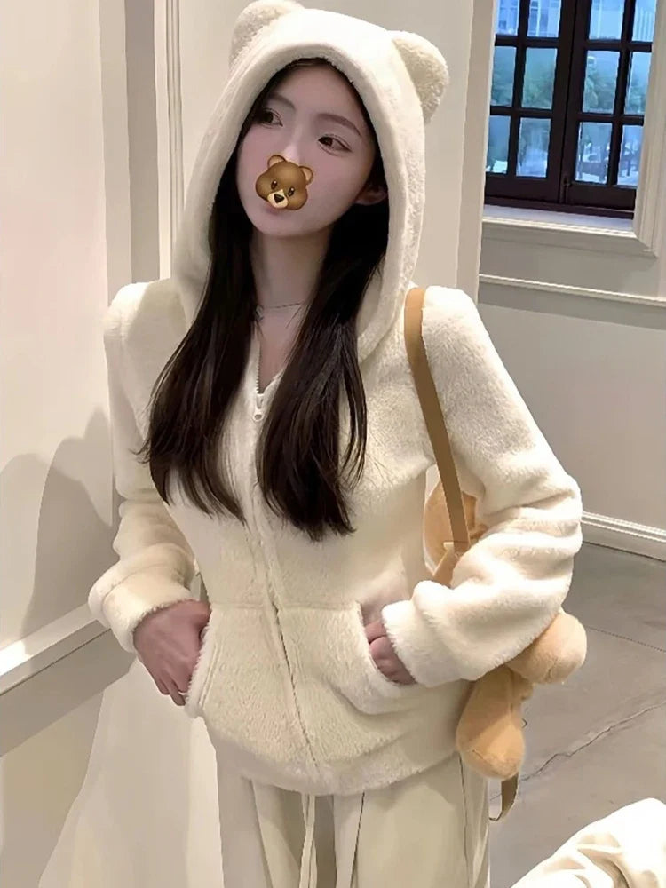 2025 Kawaii Plush Hoodie Women Bear Ear Zip Jacket Soft Warm Fleece Coat Korean Sweet Girl Winter Outerwear Cute Fashion Trend LadyShow.Store