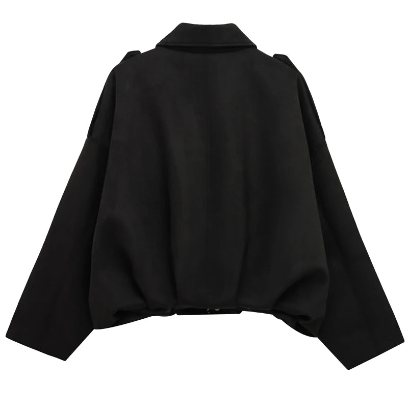 HXAO Women's Bomber Jacket Lapel Long Sleeve Zipper Suede Jacket Women 2025 High Street Cropped Racing Jackets Coats Outerwears Pi-Mart