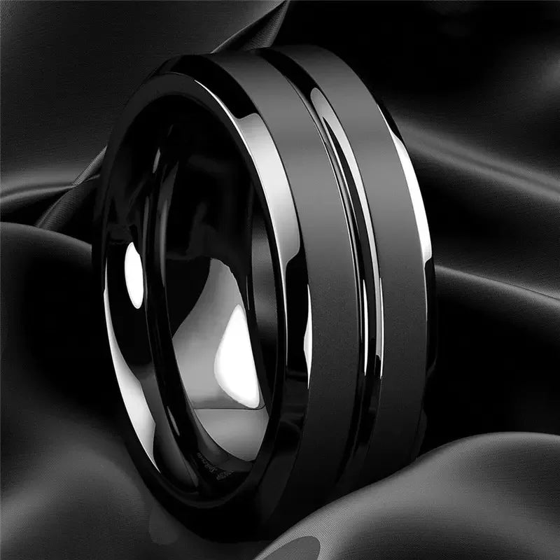 8mm Stainless Steel Men Rings Wholesale Black Groove Matte Wedding Engagement Party Gift Anniversary Rings For Women Jewelry Pi-Mart