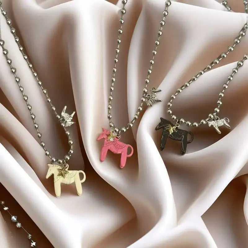 LATS White Black Green Blue Pink Color Enamel Colt Horse Pendant Necklaces for Women Silver Plated Alloy Beads Chain Chokers Pi-Mart