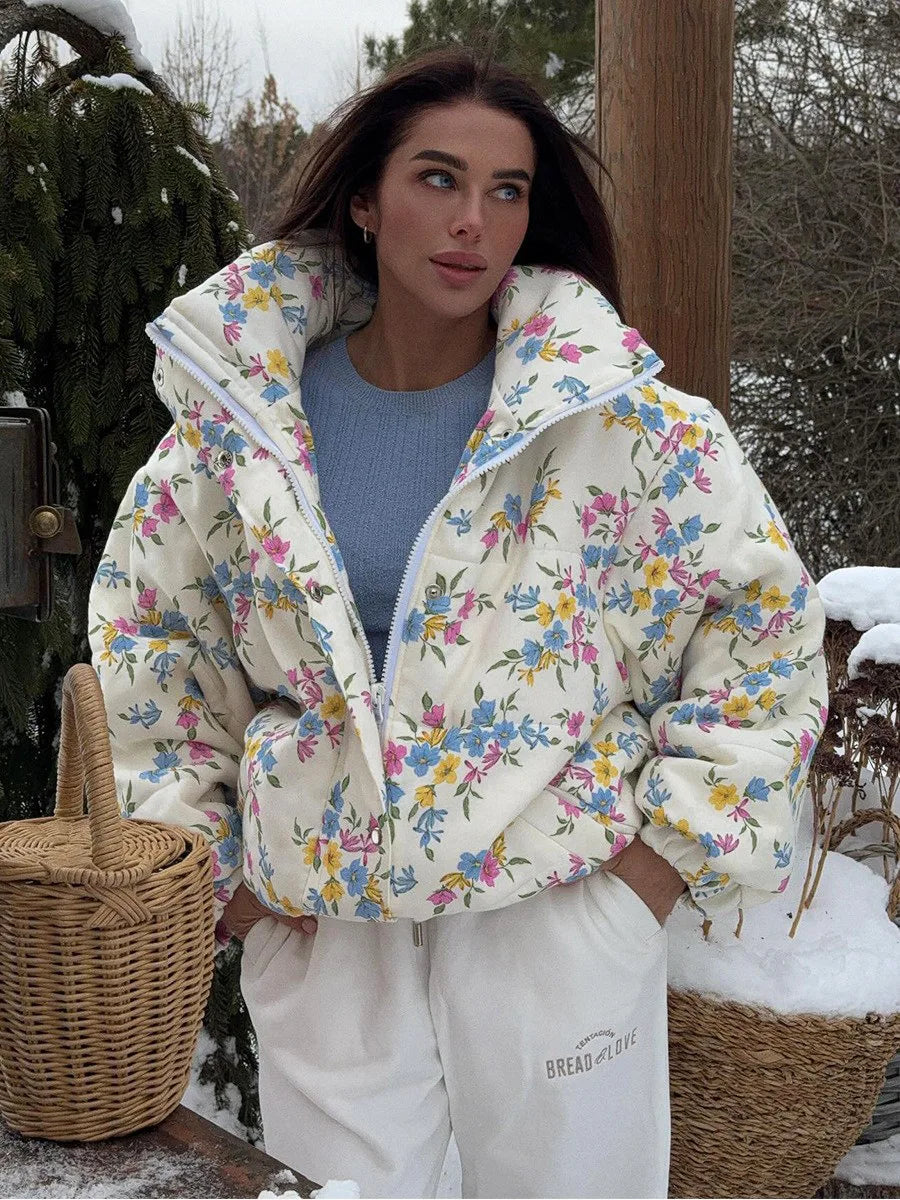 Bornladies New Women's Puffer Jacket Stand Up Collar Zipper Closure Floral Print Warm Cotton Filled Coat Oversized Autumn Winter LadyShow.Store