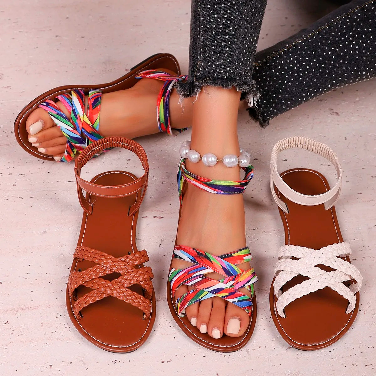 Shoes for Women 2025 Summer New Women Flat Sandals Bottom Roman Strap Sandals with Non Slip Rubber Soles Ladies Daily Sandalia LadyShow.Store