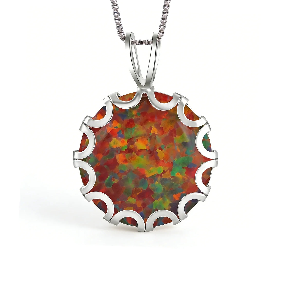 Wave Frame Opal Pendant Necklace,Round Blue Green Opal with Red Fire,White K Plated Floral Jewelry,Dainty Charms Gift for Women Pi-Mart