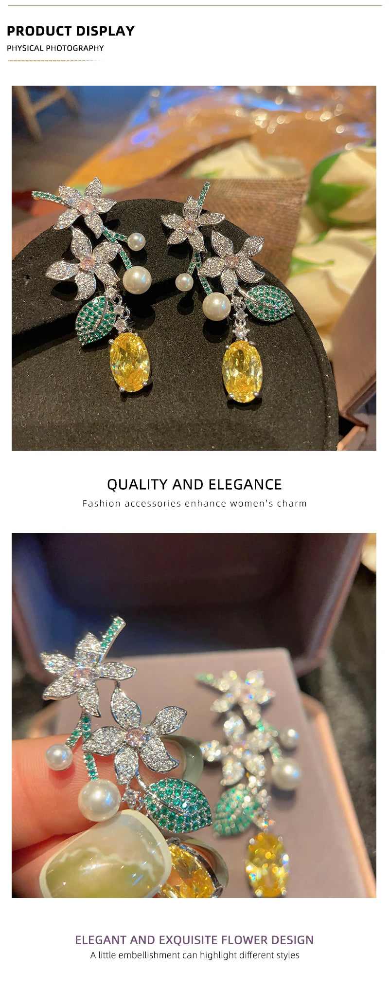 SUYU New Holiday Style Long Vintage Flower Earrings Female Leaf Yellowcrystal Forest Earrings Pi-Mart