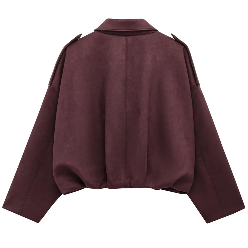 HXAO Women's Bomber Jacket Lapel Long Sleeve Zipper Suede Jacket Women 2025 High Street Cropped Racing Jackets Coats Outerwears Pi-Mart