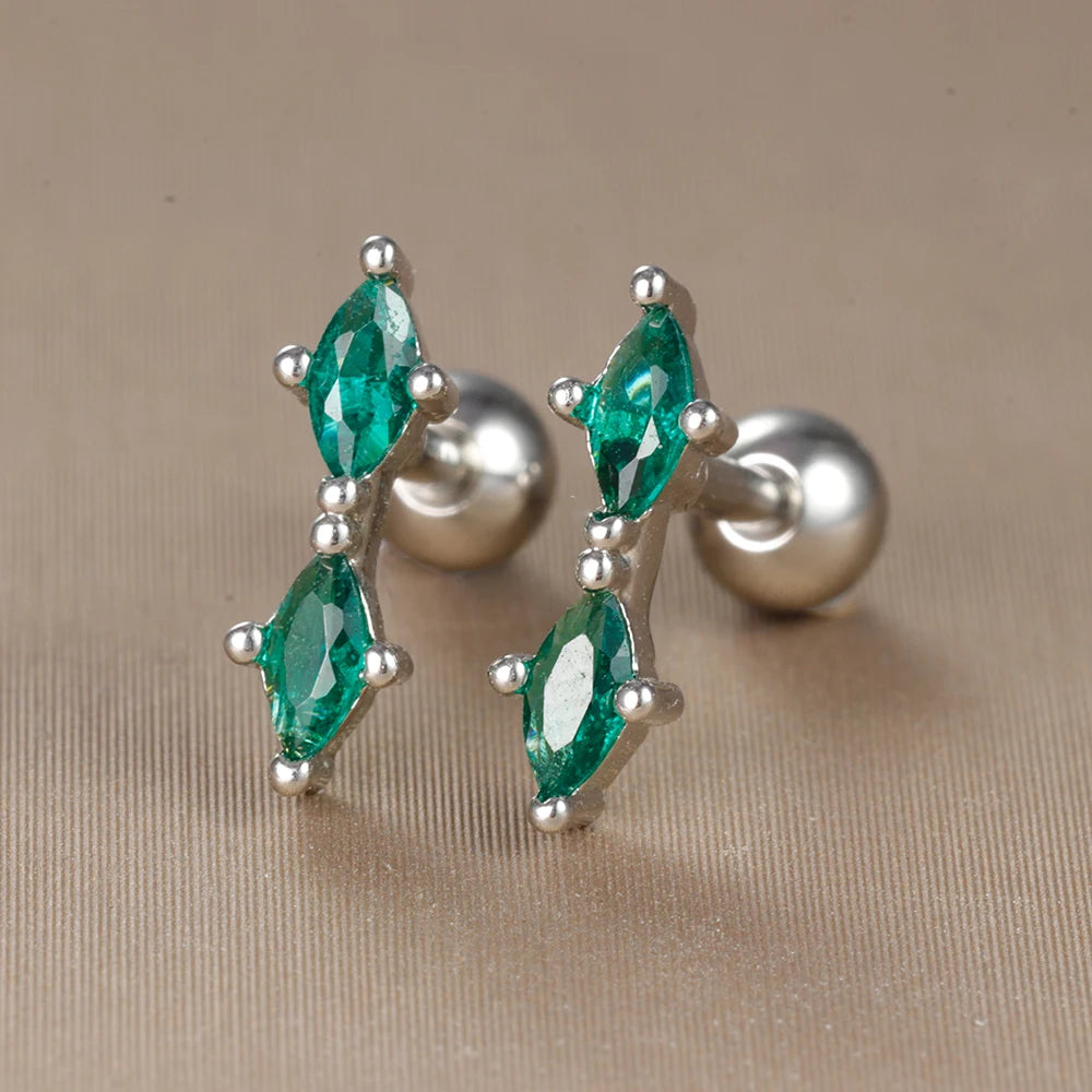 2PC Stainless Steel Little Stud Earring for Women Tiny Green Crystal Zirconia Cartilage Helix Tragus Piercing Earrings Jewelry Pi-Mart