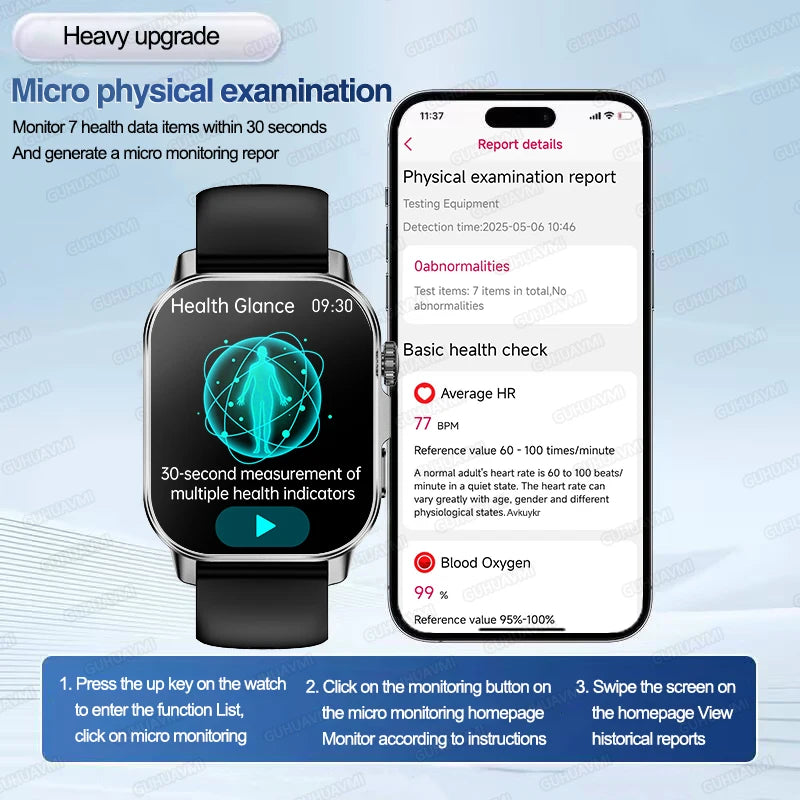 New Men Accurate Health Diagnosis ECG Smart Watch Blood Pressure Blood Oxygen Blood Fat Uric Acid Temp Bluetooth call Smartwatch Pi-Mart