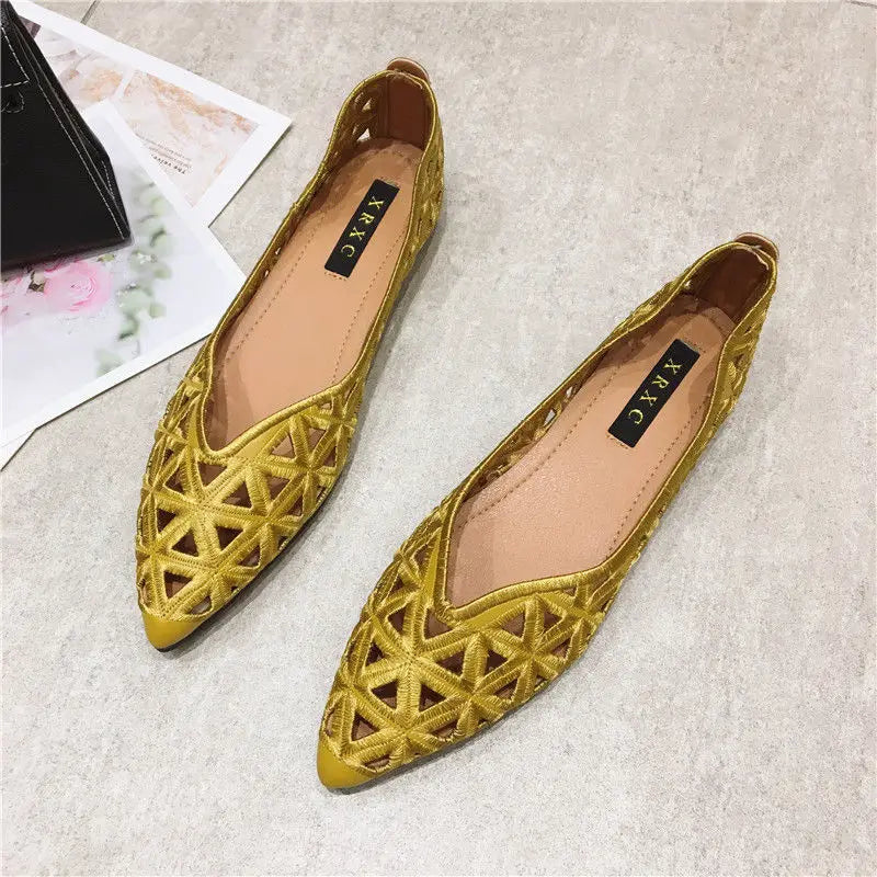 Flat Shoes Women 2026 Summer Pointy Joker Hollow Leisure Commuter Flat Spring Elegant Women's Shoes Breathable Hole Shoes Pi-Mart