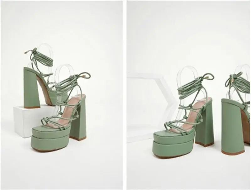FF2025 New Fashion Solid Colored Cross-tied Heels Supper High Platform Dressing Sandals Peep-toe Square Heel Summer Footwear Pi-Mart