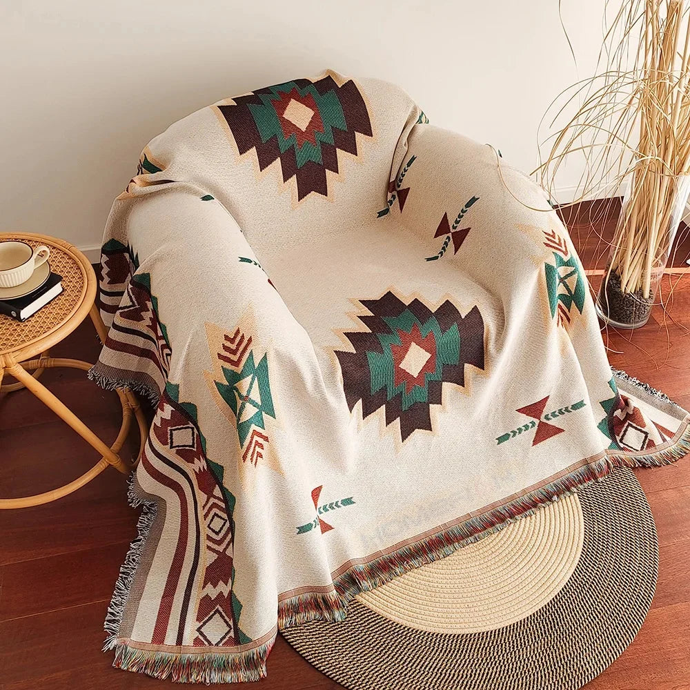 Aztec Blanket Oversized Boho Throw Blanket with Fringe Southwestern Geometric Tapestry Vintage Woven Throw Blankets Double-S Pi-Mart
