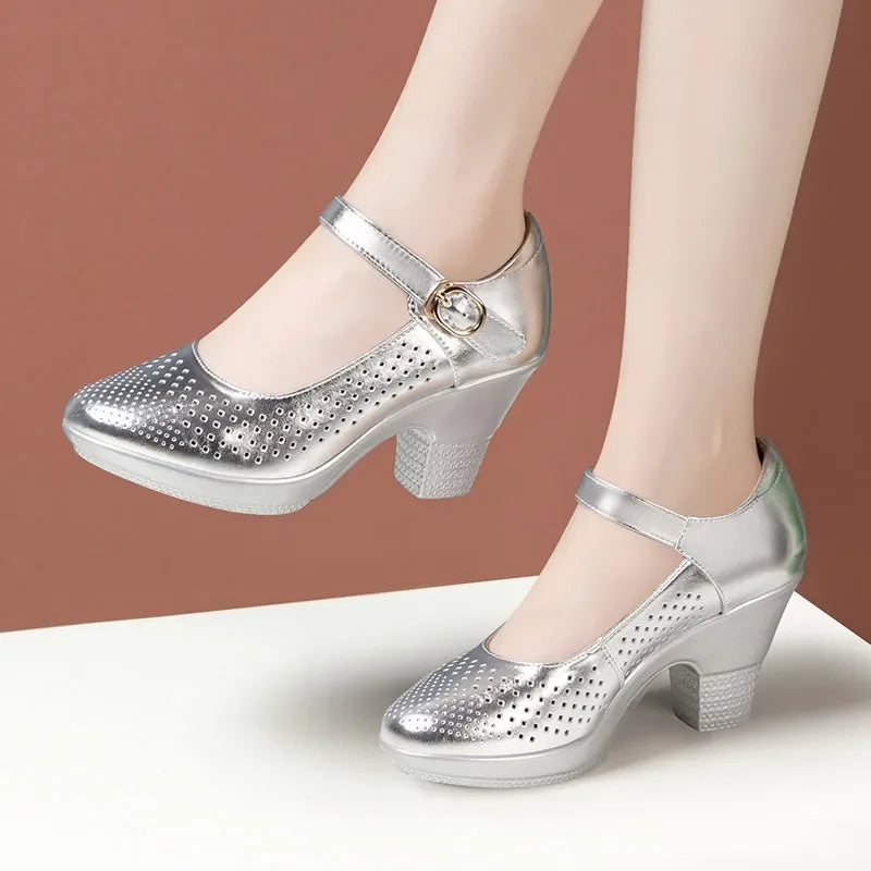 5.5cm 7.5cm Small Size 33 Breathable Cutout Block Heels Shoes Mary Janes 2026 Soft Leather Platform Pumps for Mom Dance Model Pi-Mart