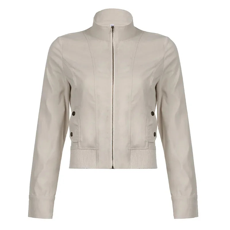 Women Jacket Pocketd Long Sleeve dCasual Zipper Coats Slim Fit Turn Down Collar Solid Outwear Elegant Lady Autumn 2024 LadyShow.Store