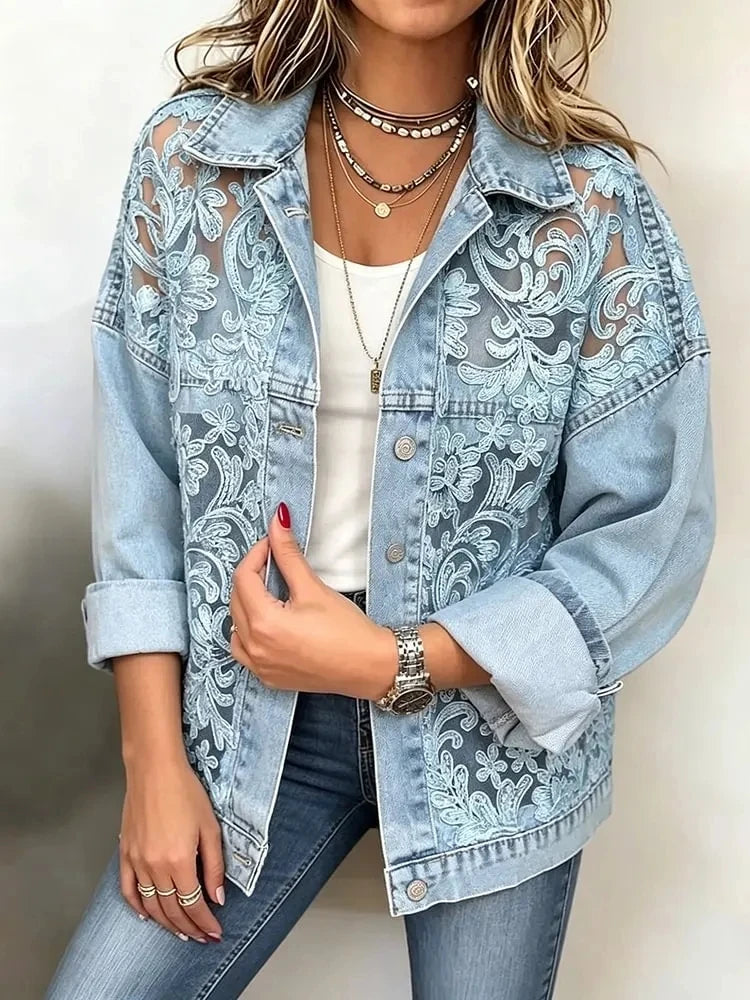 2026 New Women Lace Spliced Denim Jacket Loose Casual Lapel Long Sleeve Single Breasted Short Coat Fashion Streetwear Outerwear LadyShow.Store