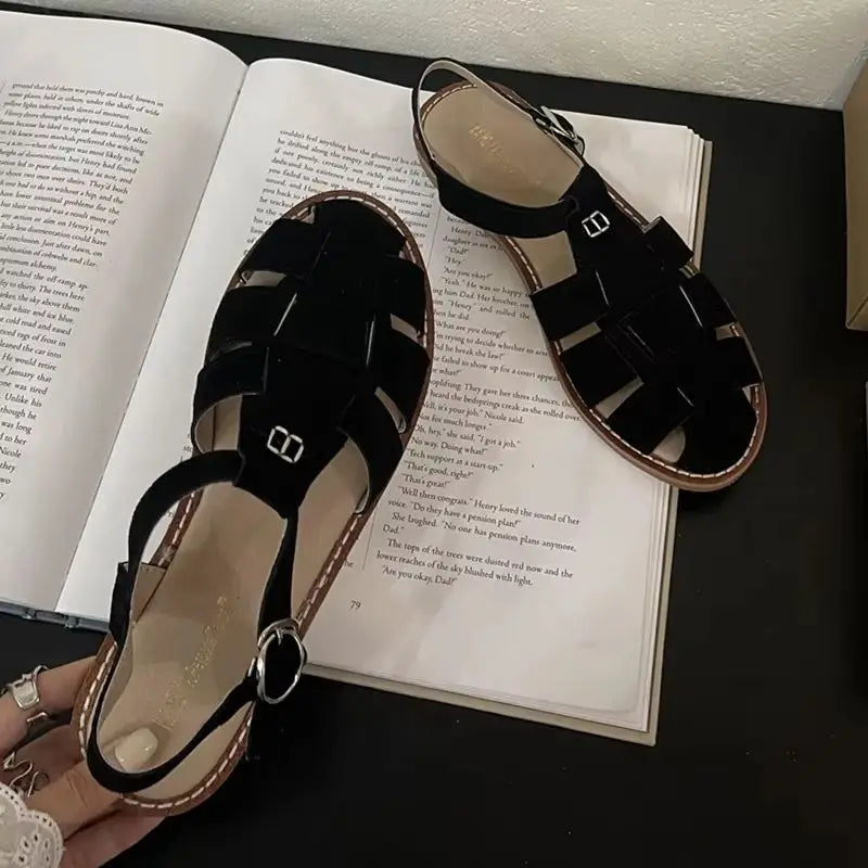 DIMANYU Women's Roman Sandals 2026 Summer New Flat Retro Real Leather Ladies Sandals Hollowed Women's Cage Shoes LadyShow.Store