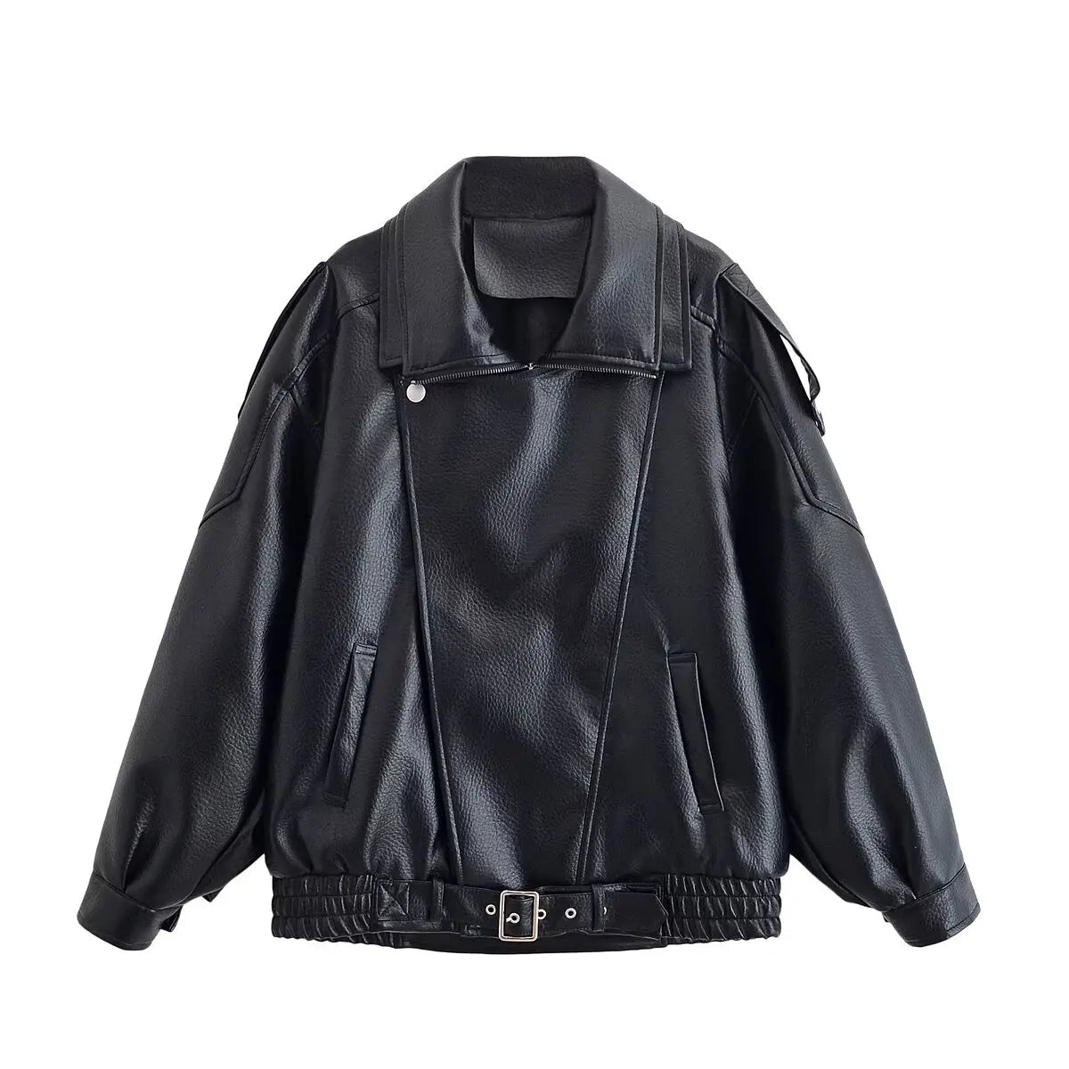HH Autumn Faux Leather Jacket For Women Casual Solid Long Sleeve Zipper Pu Leather Coats New Fashion Female Streetwear Pi-Mart