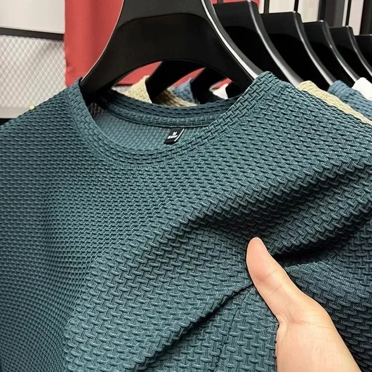Men's Short Sleeve Mesh Bamboo Ice Silk T-shirt Casual Versatile Summer Elastic Slimming Top for Men Pi-Mart