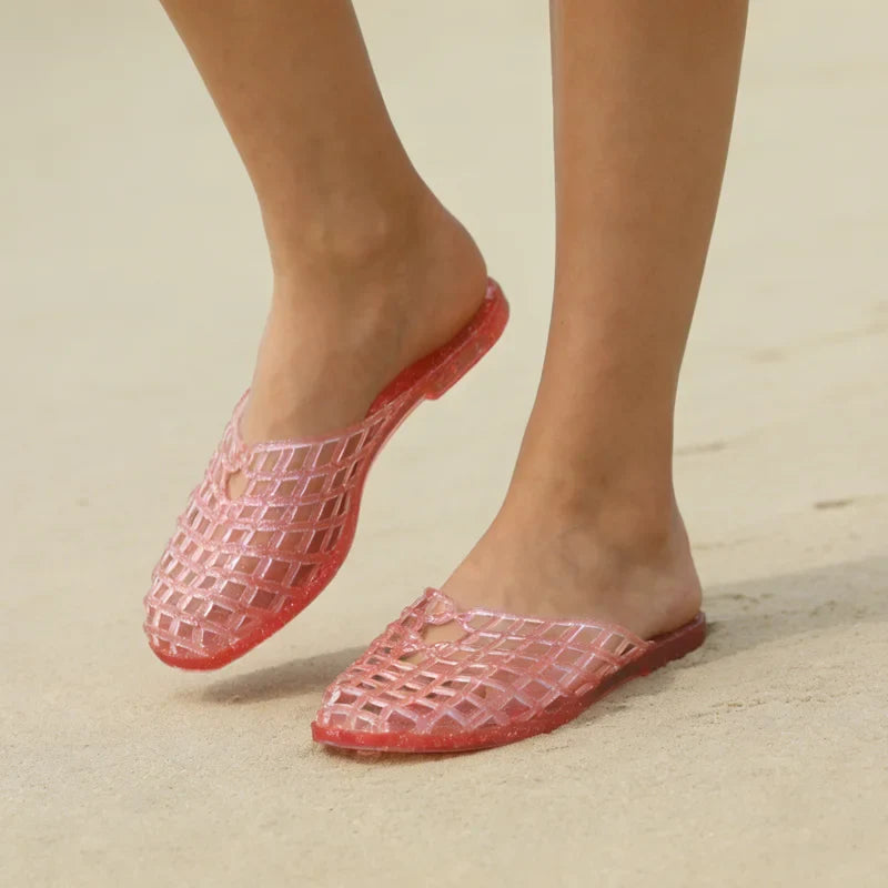 Summer Ladies Flat Bottom Hollow Comfortable Jelly Sandals Crystal Plastic Beach Slippers Breathable Slip-On Shoes LadyShow.Store