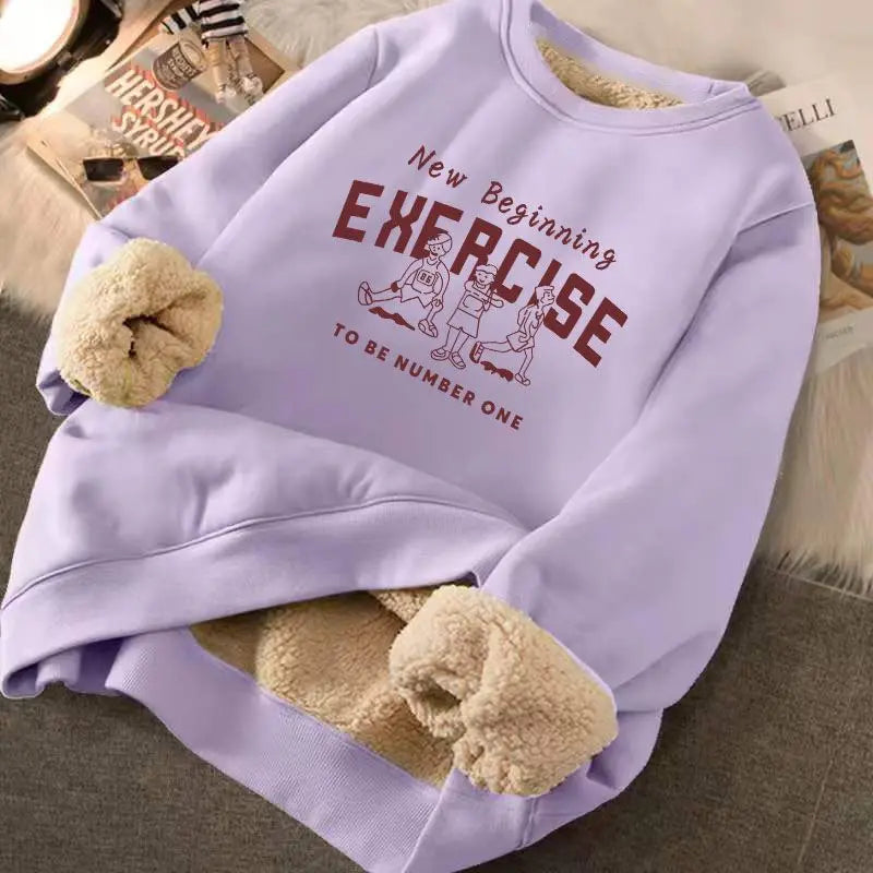Sweatshirt Women's Winter Loose Letter Print Plush Thick Hooded Sweatshirt Warmth Padded Warm Fleece Lined Pullover Sweater Top LadyShow.Store