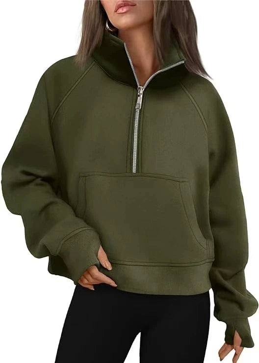 New Women's Spring Autumn Winter Stand Collar Plus Fleece Solid Color Hoodie Long Sleeve Pocket Loose Half Zip Pullover Hoodie Pi-Mart