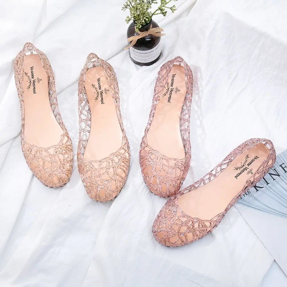 Casual Flat-soled Women Sandals Hollow Out Clear Beach Jelly Shoes Breathable Shallow Mouth Bling Sandals Ladies LadyShow.Store