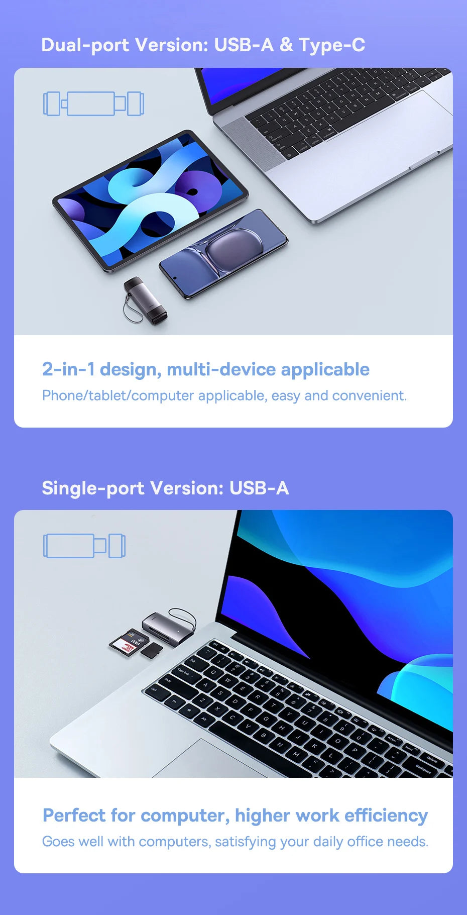 Baseus Card Reader USB C & USB3.0 to SD Micro SD TF Memory Card Device 104MB/s 2TB Smart Cardreader for Laptop Accessories Pi-Mart